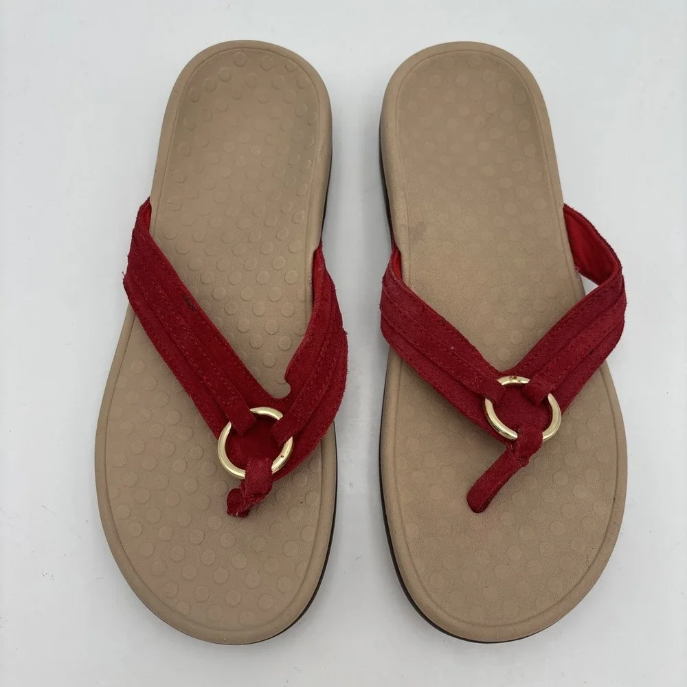 Vionic Aloe Orthotic Support Red  Leather  Sz 8 Women's FitFlop Thong Sandal/EUC